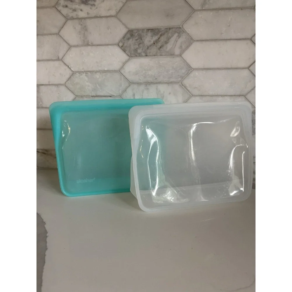 Stasher Silicone Bags Lot of 2 Stand Up Mid Size Clear & Blue Reusable Premium